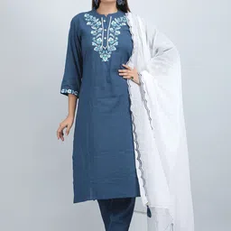 SHIFORY Women Ethnic Motifs Yoke Design Regular Thread Work Pure Cotton Kurta with Trousers & With Dupatta-35