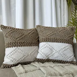 EXPORT HOUSE White & Brown Set of 2 Geometric Square Cushion Covers-23