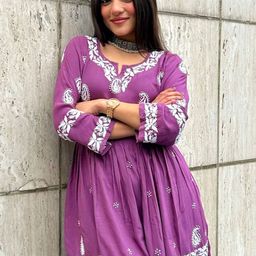 URZUV Floral Embroidered Woollen Notch Neck A-Line Kurta-image-46