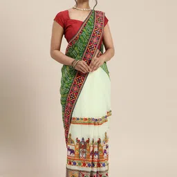 DIVASTRI Pure Georgette Bandhani Printed Mirror Work Half and Half Bandhani Saree-picture-1
