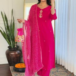 KALINI Zari V-Neck Straight Kurta With Trousers And Dupatta-34