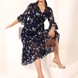 KAORI BY SHREYA AGARWAL Women Floral Print Bell Sleeve Wrap Midi Dress-image-48