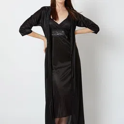OVIDA Women Black Maxi Nighty with Robe Wrap Nightdress-picture-52