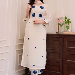 Pantos Floral Embroidered Notch-Neck Straight Kurta With Trousers And Dupatta-picture-42