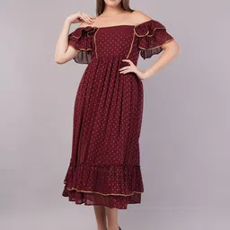 Moda Rapido Polka Dots Off-Shoulder Georgette Fit & Flare Midi Dress-image-6