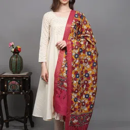 Exotic India Floral Printed Cotton Silk Kalamkari Dupatta From Telangana-image-62