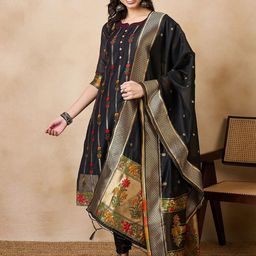 KAVINDI Women Regular Kantha Work Chanderi Silk Kurta with Trousers & With Dupatta-image-2