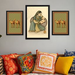 Giftii Black & Green 3 Pieces Desert Dreams Rajasthani Wooden Wall Arts-image-55