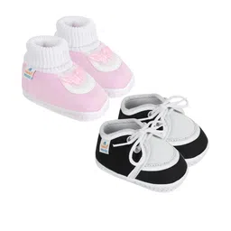 Neska Moda 0 To 6 Months 2 Pair Set Newborn Baby Unisex Skin-Friendly Cotton Lace Shoes Booties (Toe to Heel Length - 10 cm, Black, Baby Pink)-55