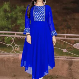 BINDUDI Floral Embroidered Sequinned Round Neck Georgette Anarkali Kurta-11