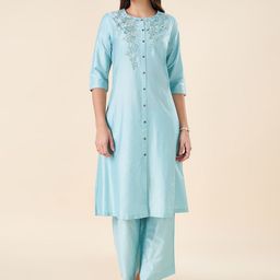RANGMANCH BY PANTALOONS Floral Embroidered Thread Work Straight Kurta With Trousers-picture-32
