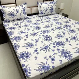 Pure Decor Blue & Blue Floral 250 TC Queen Bedsheet with 2 Pillow Covers-image-85