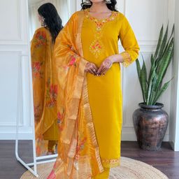 Kiaasa Floral Yoke Design Sequinned Straight Chanderi Cotton Kurta With Trousers & Dupatta-image-80