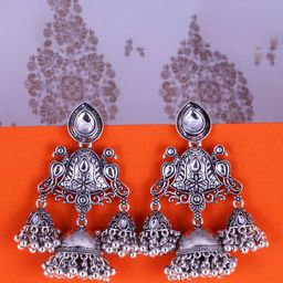 Sangria Silver-Plated Kundan-Studded Oxidised Drop Earrings-4