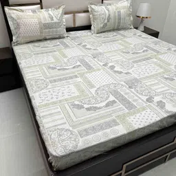 Pure Decor Green & Grey Ethnic Motifs 330 TC King Bedsheet with 2 Pillow Covers-picture-39