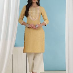 AKIMIA Women Striped Mirror Work Khadi Handloom Kurta-19