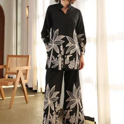JISORA Black Floral Printed Mandarin Collar Pure Cotton Top With Trousers-36