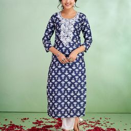 SUAAC Floral Printed Cotton Round Neck Straight Kurta-21