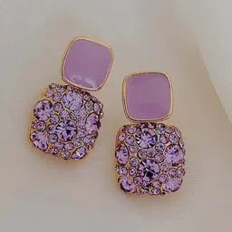 kazare Set Of 2 Rhodium-Plated Artificial Stones Studded Enamelled Square Drop Earrings-picture-34