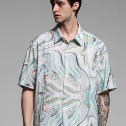 Jack & Jones Men Cutaway Collar Abstract Printed Lyocell Oversized Casual Shirt-image-58
