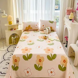 JC HOME Peach & Green Cotton Floral Printed 140 TC Queen Bedsheet Set 2.00 x 2.45 m-picture-15