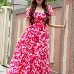 Sugathari Print Puff Sleeve Georgette Maxi Dress-image-66