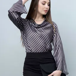 PURYS Striped Cowl Neck Bell Sleeve Sheen Satin Top-picture-26