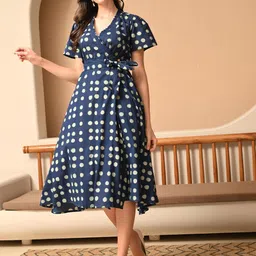 Sangria Women Polka Dot Printed Cotton A-Line Wrap Midi Dress-image-34