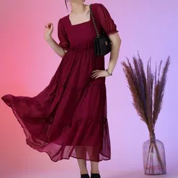 Femvy Puff Sleeve Georgette Fit & Flare Maxi Dress-image-97