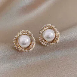 Bling Queen Stainless Steel Artificial Stones Studded & Pearls beaded Spiral Square Studs-3