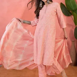 Sangria Floral Embroidered Notch Neck Thread Work Straight Kurta With Trouser And Dupatta-37