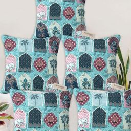 Blue Grass Sea Green & Maroon 5 Pieces Ethnic Motifs Printed Velvet Square Cushion Covers-image-29
