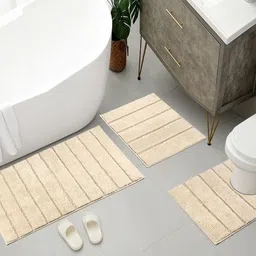 Saral Home 3-Pcs Beige Striped Pure Cotton Antiskid Bath Rugs-21
