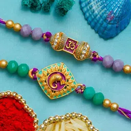 eCraftIndia Set of 2 Artfificial Stones Studded And Beaded Om Ganesh Rakhi-image-69