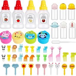 Portable Sauce Dispenser Kids Salad Dressing Bottles Set with Cartoon Fruit Fork Feeder-10