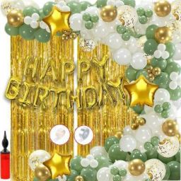 1 Gold Foil Happy Birthday Foil Balloons 60 Premium Gold White and Green Metallic Balloons 5 Gold Confetti Balloons 4 Gold Foil Stars ( 18 inch) 2 Pc Gold birthday fringe curtains with Pump Arch Dot for Kids boy Girl Adults 40th 50th 60th Theme Décor/Happy Birthday Decoration Items Set| birthday decoration items| birthday kit | baby birthday decoration set| birthday decorations items (Set of 75)-4
