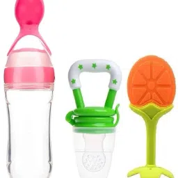 Combo 3 in1 Set-Feeding Bottle with Spoon, & Teether & Food Nibbler Teether and Feeder-6