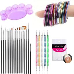 Nail Art Paint Kit Of 15 Pieces Nail Art Paint Brushes With 5 Pieces 2 Way Marbleizing Dotting Pen, 1 Set Of Finger Tip Guide, 1 Palette And 10 Pieces Assorted Colours Nail Striping Tape-31