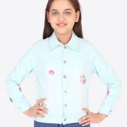 CUTECUMBER Girls Blue Floral Crop Denim Jacket with Embroidered-image-59