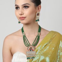 Zaveri Pearls Gold Plated Stone Studded & Green Crystal Beaded Meenakari Jewellery Set-image-56