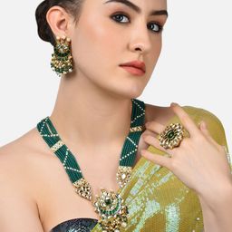 Zaveri Pearls Gold-Plated Green & White Kundan-Studded & Beaded Jewellery Set-43