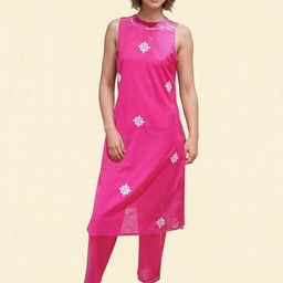 MYROR Embroidered Round Neck Top With Trousers Co-Ords Set-16