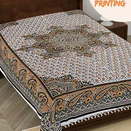 HASHCART White & Orange Printed 210 TC Pure Cotton Queen Single Bedsheet 2.30 m x 1.52 m-35