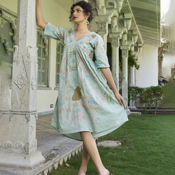 PEACH PIPERV-Neck Floral Embroidered Empire Dress-image-92
