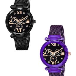 CSAMON Women Pack of 2 Round Dial Analogue Watches Mina black Dial Black Purple maganet-image-99
