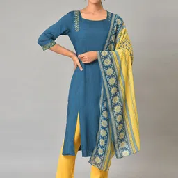 AURELIA Embroidered Thread Work Square Neck Straight Kurta with Trouser & Dupatta-picture-23