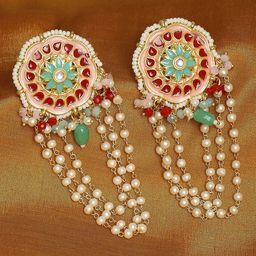 Anouk Artificial Stones Studded & Beaded Meenakari Contemporary Shaped Drop Earrings-36