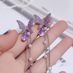 Vembley Women Purple & Silver-Plated Butterfly Shaped Cubic Zirconia Alloy Drop Earrings-picture-4