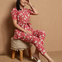 Sangria Pink Floral Printed Notched Lapel Collar Pure Cotton Tunic With Trousers image 5