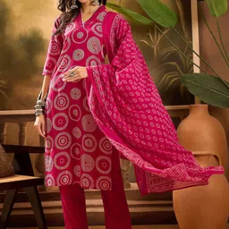Sangria Women Bandhani Printed Pure Cotton Straight Kurta Set With Dupatta-picture-51
